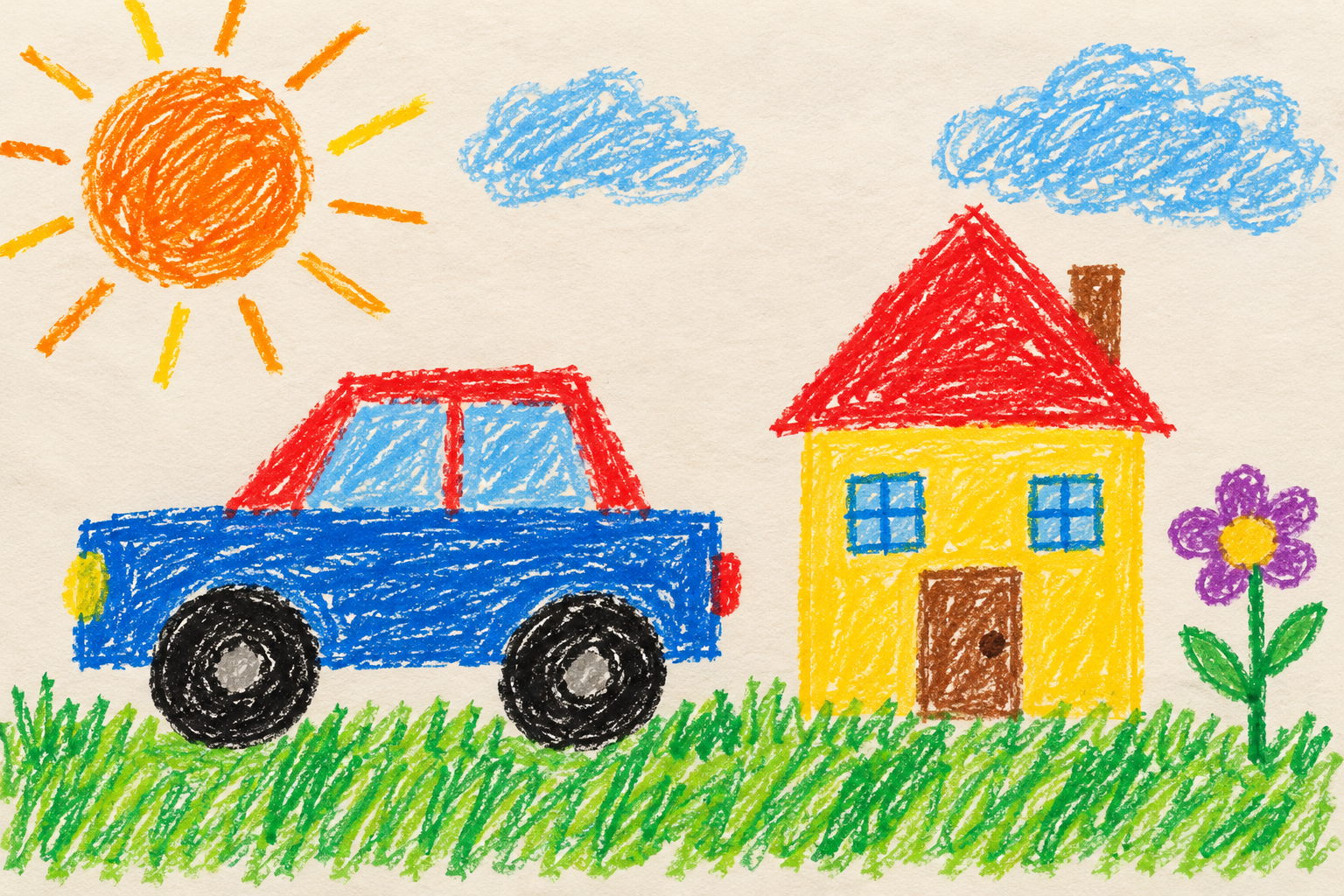 Childlike crayon drawing of a car and house made from simple shapes