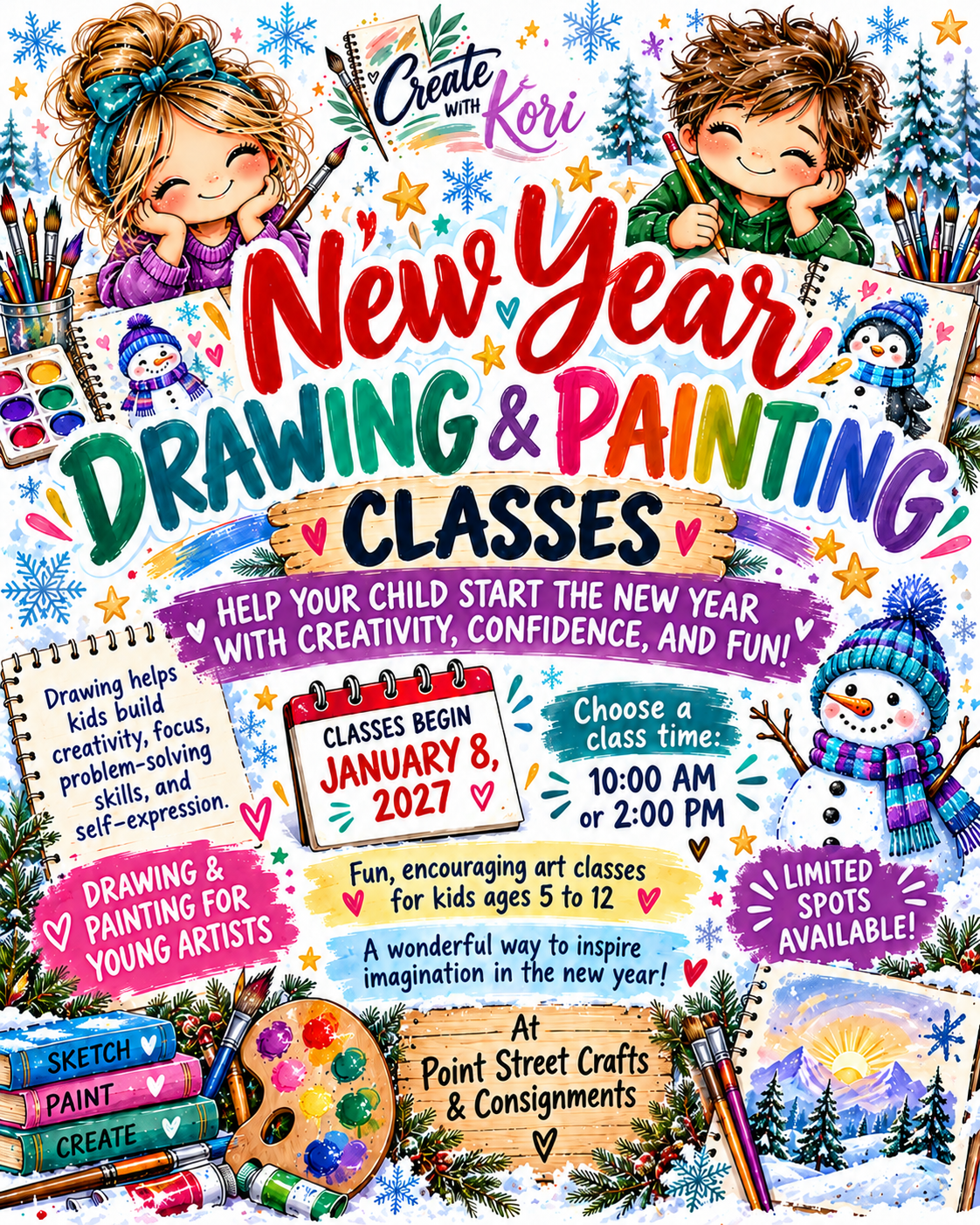 New Year Drawing and Painting Classes flyer. Begins January 8, 2027, at 10 am or 2 pm at Point Street Crafts and Consignments. Flyer lists ages 5 to 12.