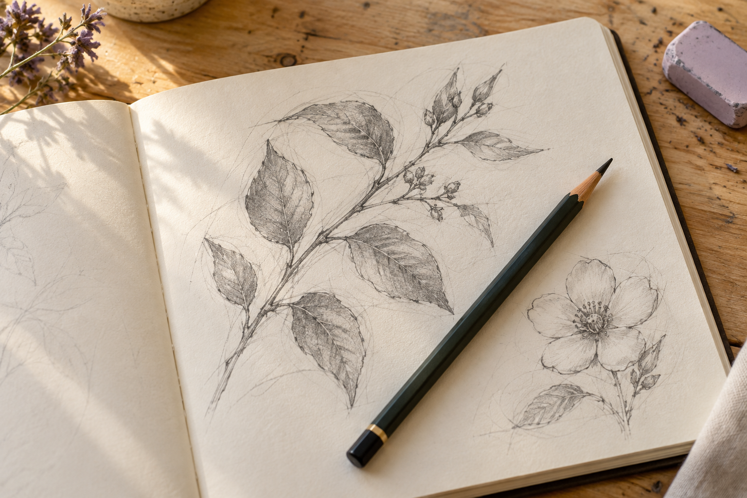 Graphite pencil resting on a sketchbook with a hand-drawn leafy branch and flower