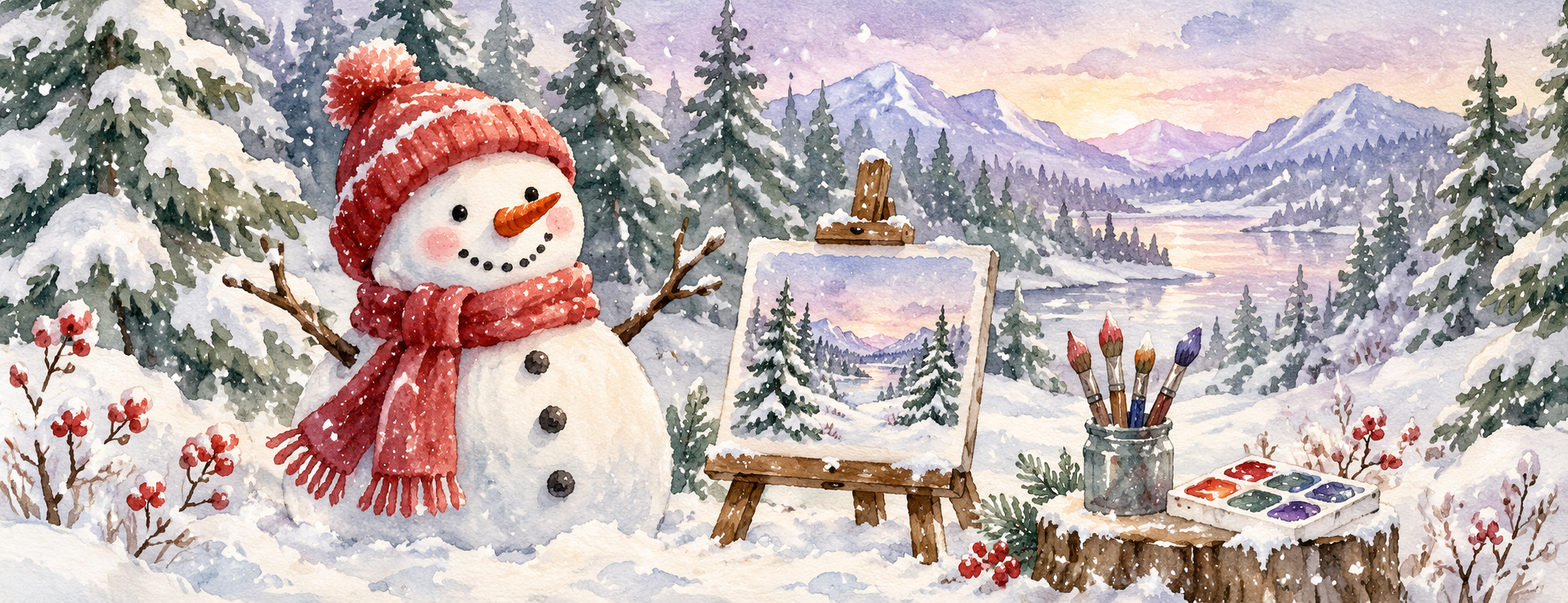 Watercolor winter scene with a snowman, snowy evergreen trees, and a painting easel